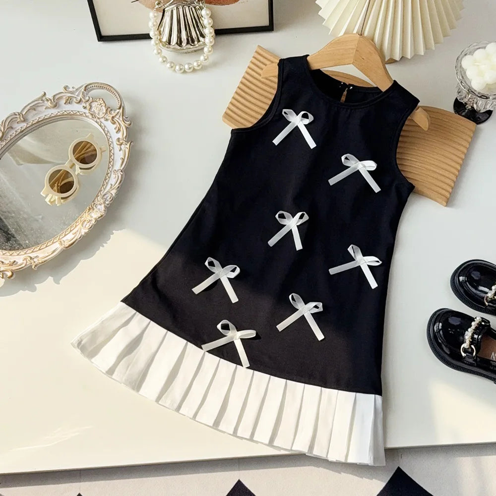 Black Bow Decoration Girls Dress Summer Sleeveless Princess Dresses Color Blocked Children's Clothing 3 To 7 Years Wear