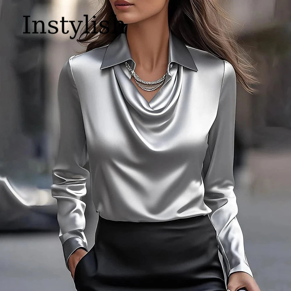 Women Long Sleeve Lapel V Neck Satin Blouse Elegant Solid Loose Shirt Spring Summer Simple Chic Offce Lady Tops Fake Silk Shirt