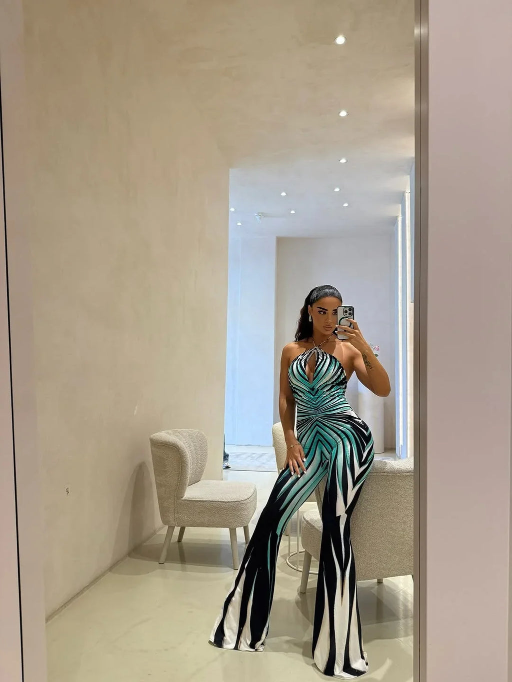 Y2k Geometric Gradient Stripe Jumpsuittie Halter Front Keyhole Backless Slim Fit Flared Floor Length Pants Night Out Outfit 2026