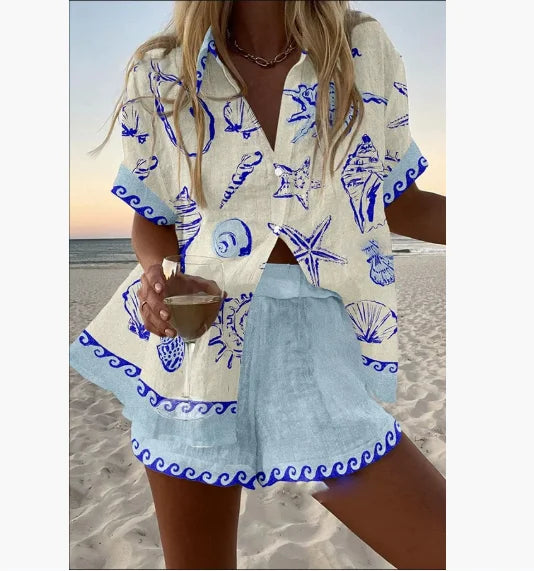 2025 New Summer Vacation Shorts Set 3D Printed Seaside Tropical Casual Lapel Shirt Blouse Top Shorts 2-Piece Suits Beach Holiday
