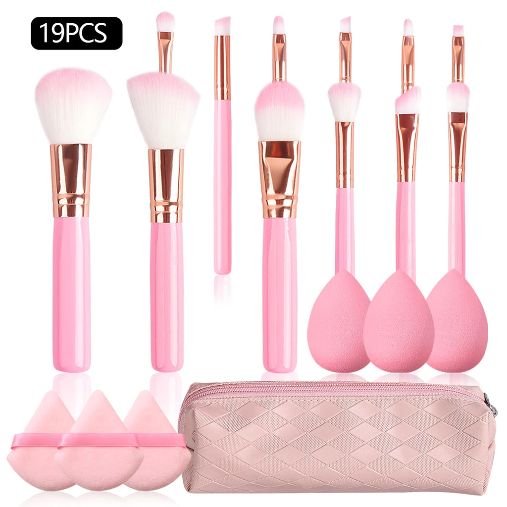 19PCS Set of 12 Beginner Makeup Brushes +3Pcs Non-Powder Makeup Eggs +3Pcs Triangular Powder Puff +1Pcs Storage Bag