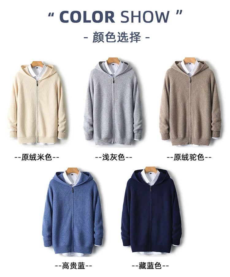 Autumn and Winter 100% Pure Cashmere Cardigan Men's Hoodie Zipper Thick Sweater Loose Plus Size Wool Knitted Sweater Coat