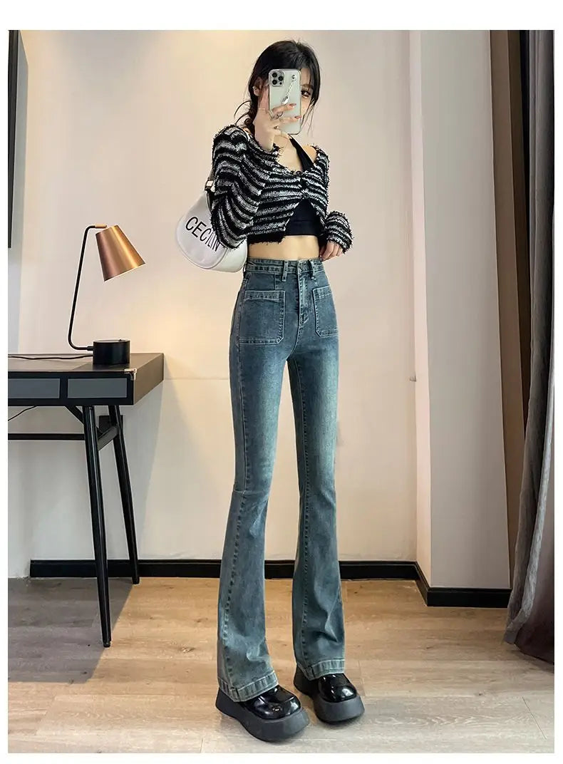 Y2K Loose Casual Womens Trousers High Waist Flared Denim Pants Spring Autumn New Stretchy Bootcut Jeans for Petite Body Shape