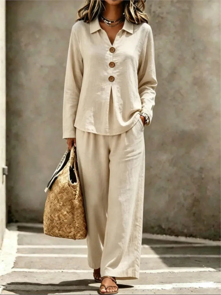 Women Solid Casual Two-piece Sets Autumn Lapel V-neck Button Long Sleeve Shirt Top & Wide-leg Pants Suit 2026 Commuting Outfits