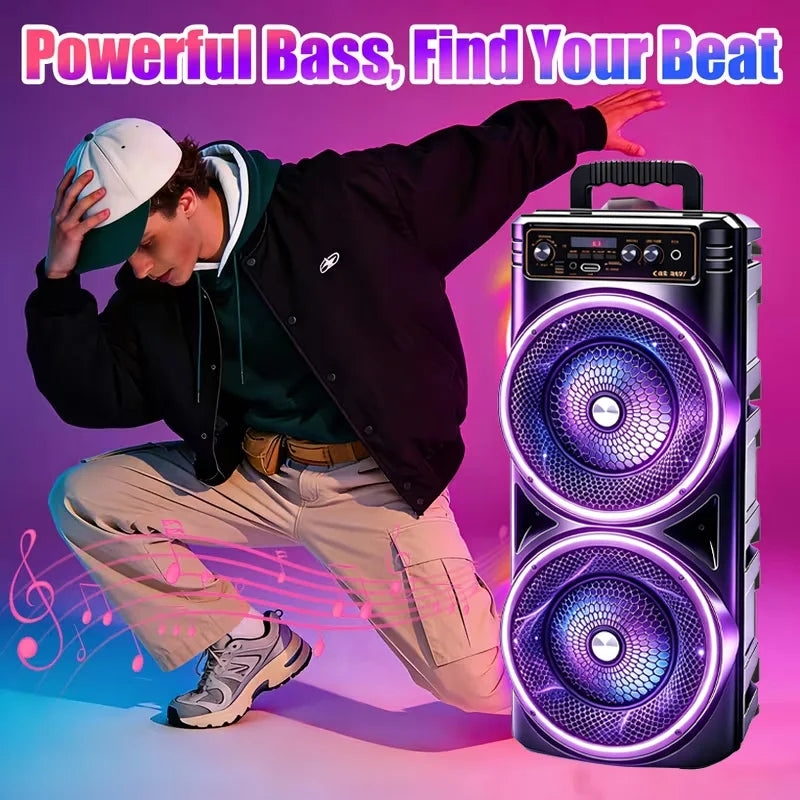 Professional‑Grade Portable Bluetooth Speaker, Dual‑Driver with Dynamic RGB LED Lights, TWS Wireless Stereo Interconnection, Supports Bluetooth, USB Drive, TF Card, Microphone and FM Radio, Compact Outdoor Speaker for Par