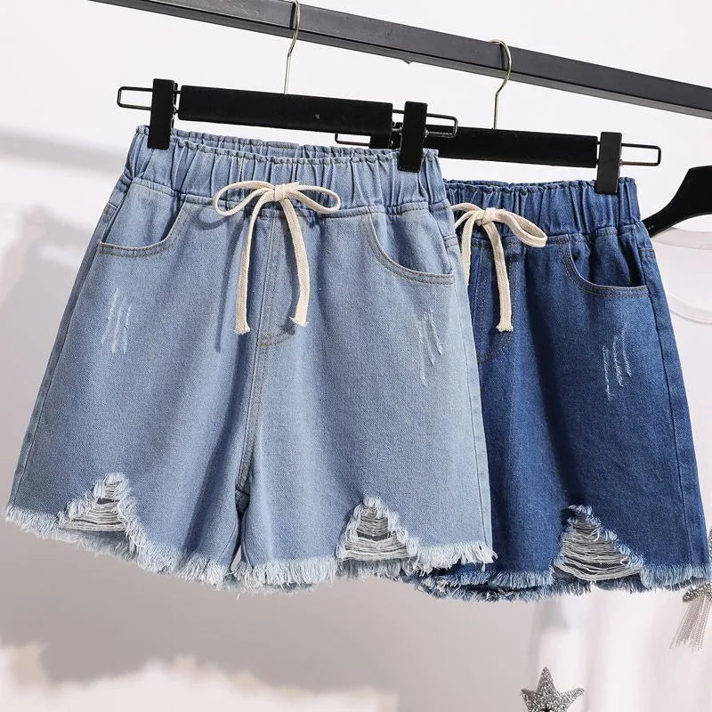 Denim Shorts for Women Korean Style Young College Girls Clothing Summer Elastic Waist Fashion Soft Loose Streetwear Chic Pockets