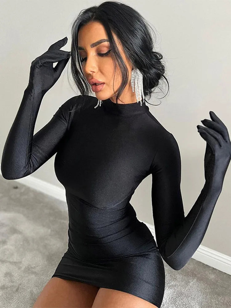 Solid Long Sleeve Mini Dress with Gloves Sexy Streetwear Party Outfit Half Turtleneck Bodycon Y2K Style Wholesale