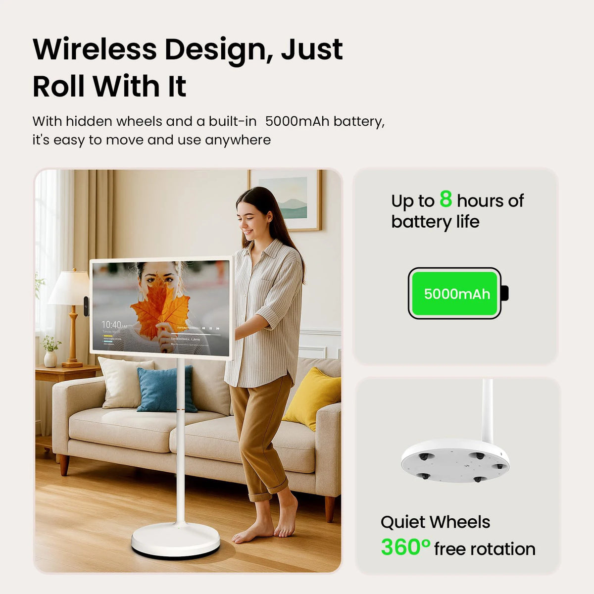 32 Inch Rotatable Smart Portable Tv with Android 12, Magnetic  Lcd Display on Wheels, Advertising Screen for Home