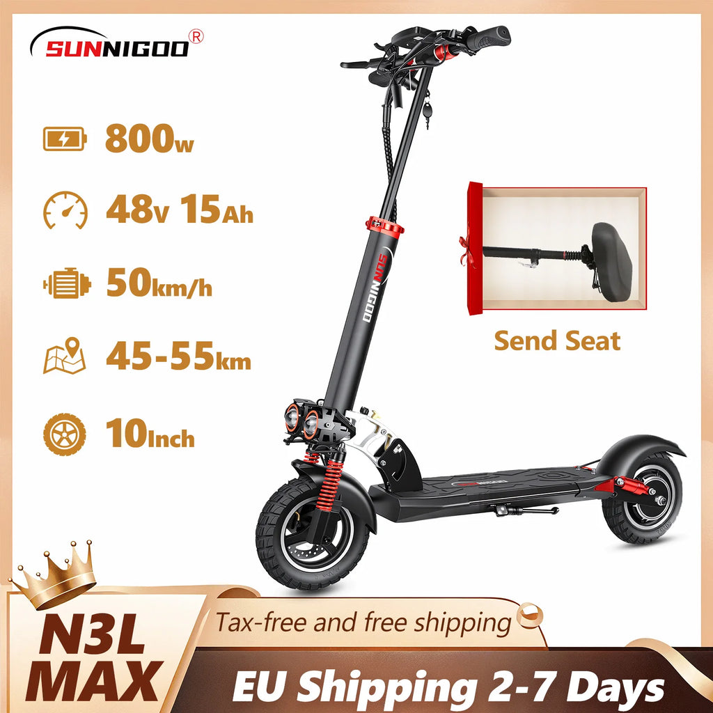 SUNNIGOO Electric Scooter for Adults With NFC Lock 48v 800w Powerful Motor Send Seat Foldable Scooter 15ah 55km Long Range