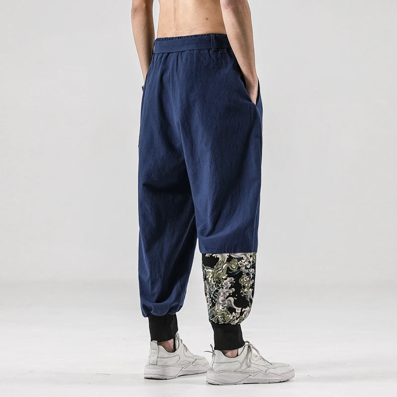 2024 Autumn Men Linen Harem Pants Mens Vintage Chinese Style Cotton Trousers Man Streetwear Pants Male Print Cross Crotch Pants