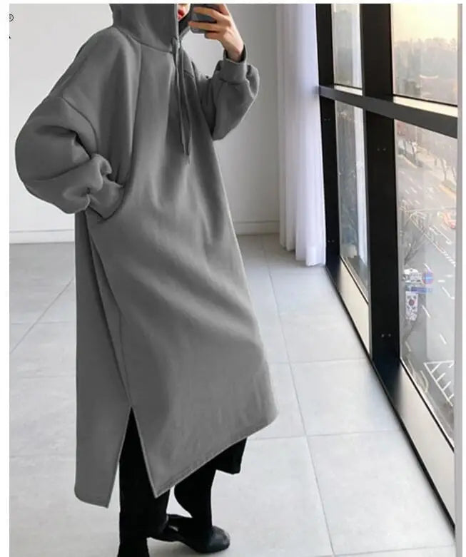 Thicken Autumn Winter Women Oversized Hoodie Long Dress Solid Fashion Long Sleeve Female Clothing Split Casual Loose New Dresses