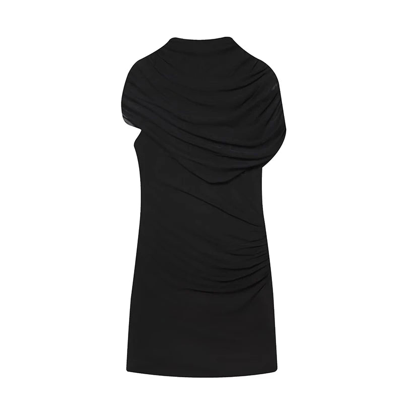 Elegant Mesh Shawl Short Dress Women Pleated Half High Collar Sleeveless Female Dresses 2026 Spring Lady Chic Party Gowns New