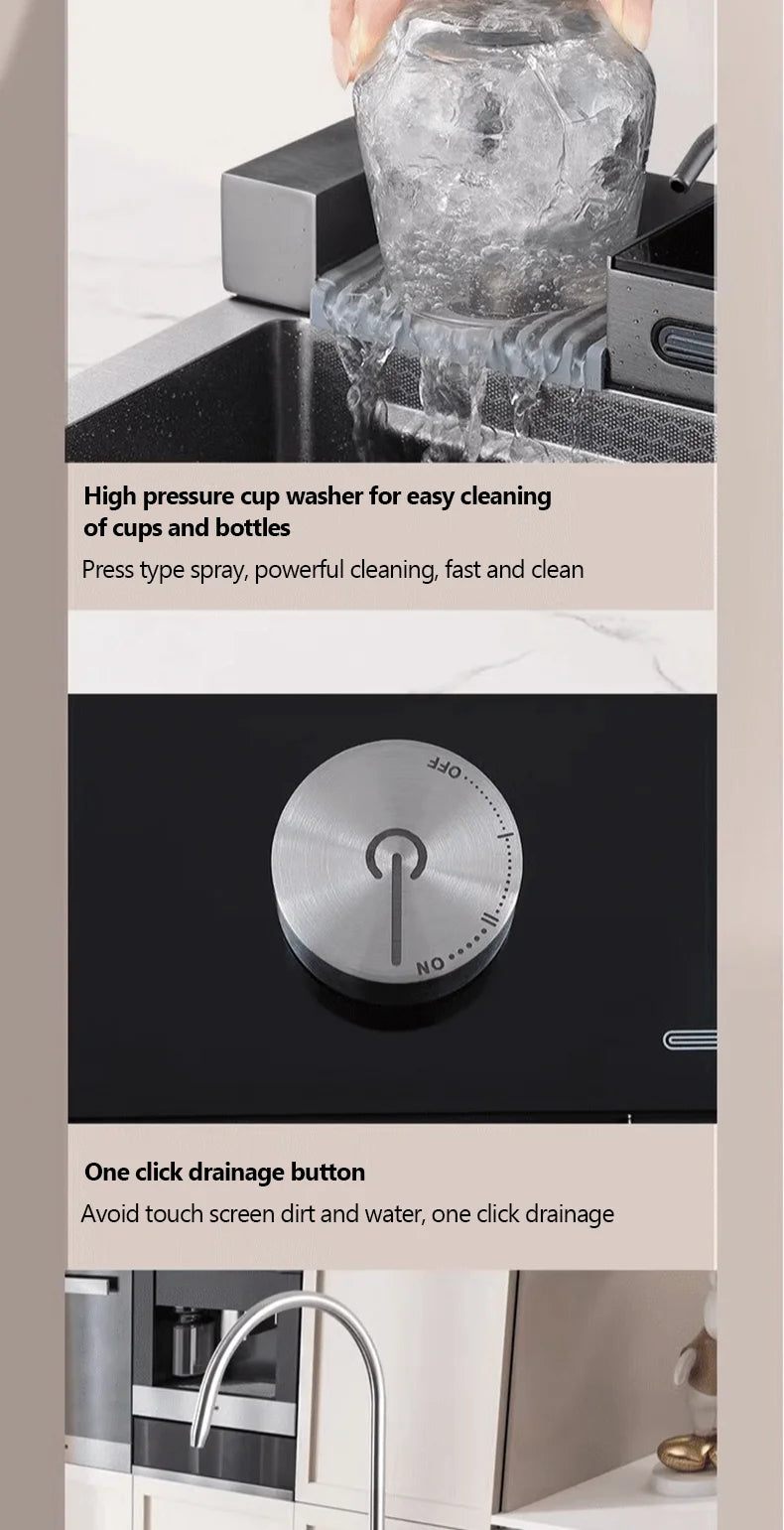 304 Sink Key Digital Display Waterfall Rain Sink Stainless Steel Large Single Trough Hand Basin Washing Dishes Under The Basin