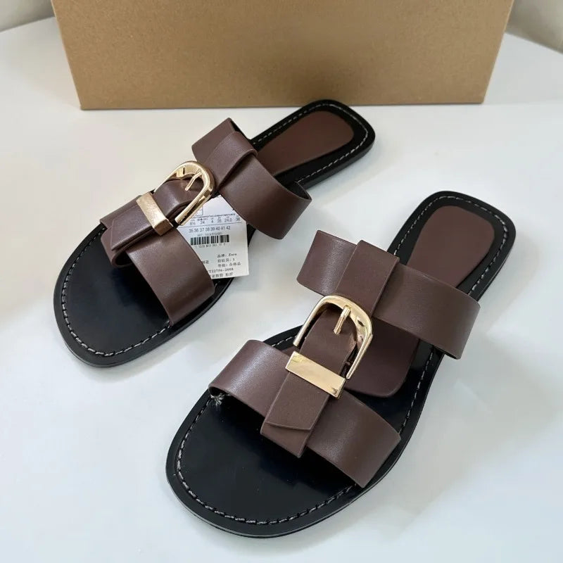 Summer Women Flat Slippers Sandals Fashion Metal Buckle Strap Open Toe Casual Beach Roman Shoes Ladies Zapatos De Muje