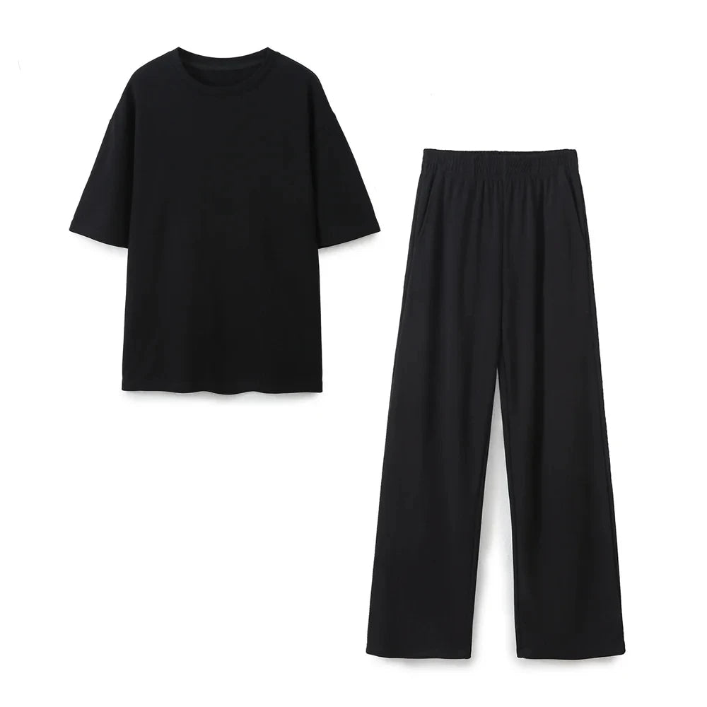 HH Women Vintage Solid Shirts Pant Sets O Neck Short Sleeve Shirts Top + Elastic Waist Loose Trousers Spring Commuting Suit