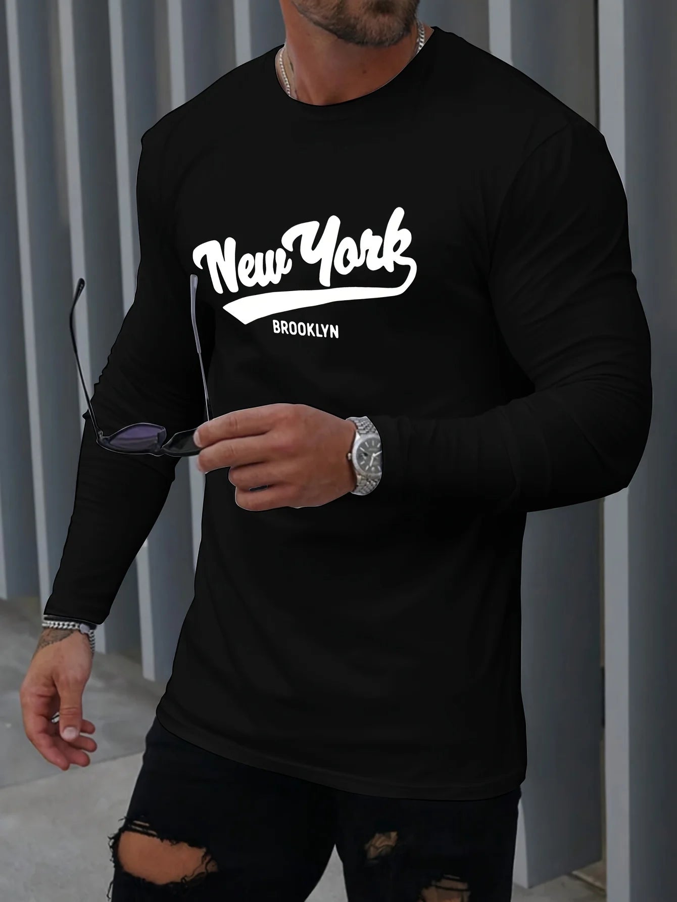 Men's 100% pure cotton summer loose comfortable casual  NEW YORK print large round neck  long sleeve T-shirt top