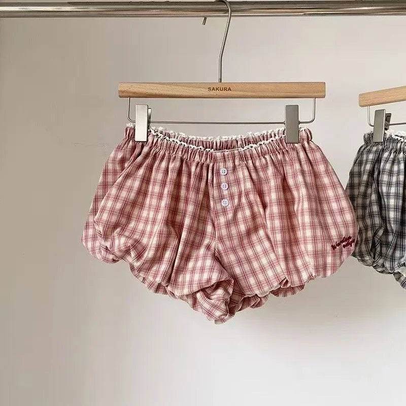 Womens Plaid Bubble Shorts Elastic Waist Bloomer Shorts Casual Short Pants Summer Streetwear
