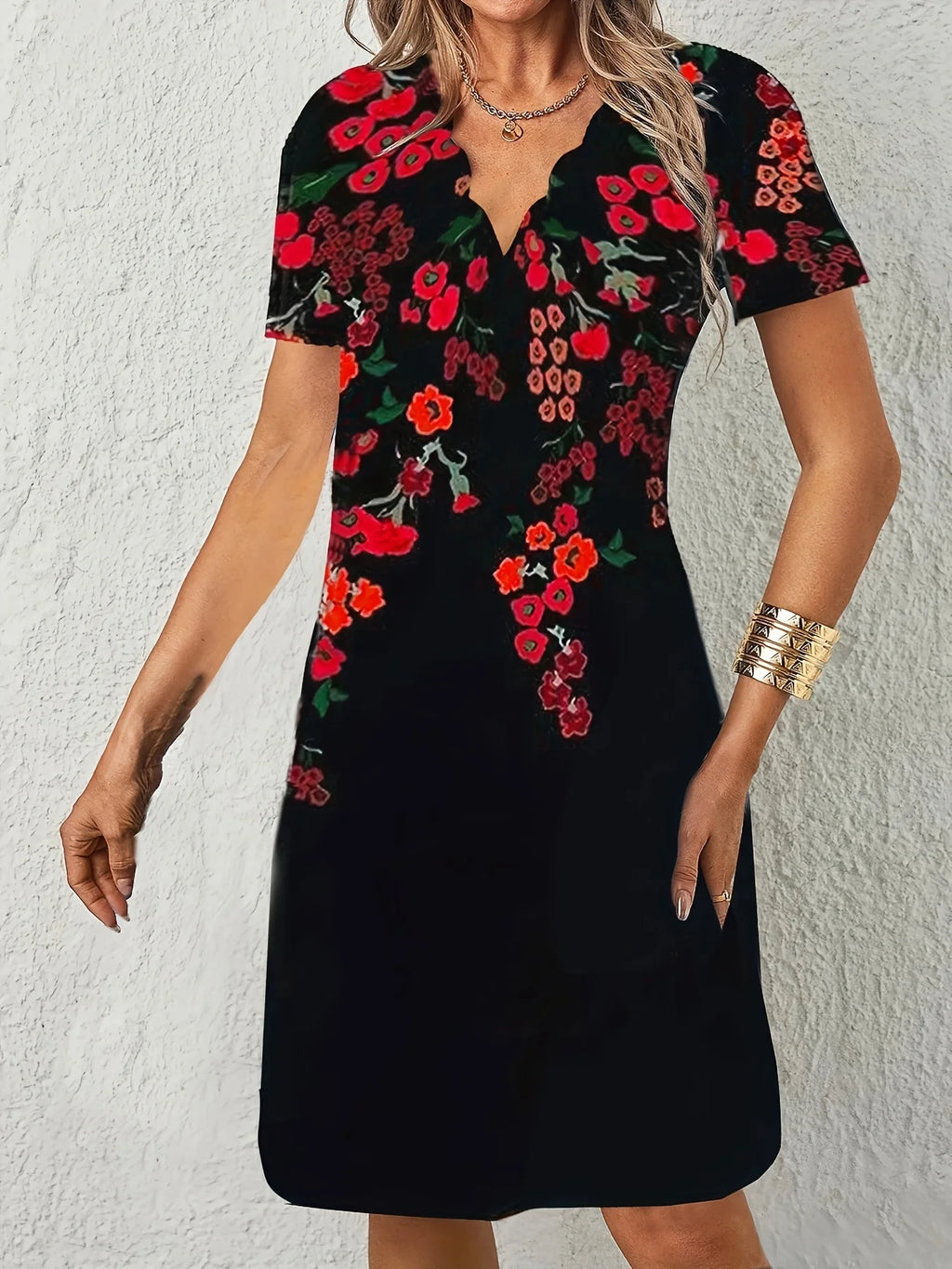 Women Floral Print Dress Wavy V Neck Short Sleeve Casual Summer Party Dresses Ladies Loose Tunic Dress