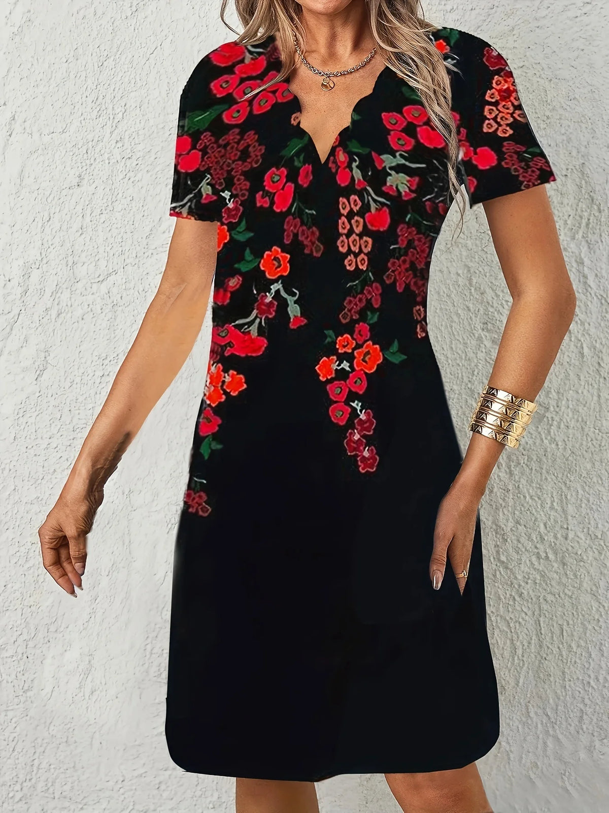 Women Floral Print Dress Wavy V Neck Short Sleeve Casual Summer Party Dresses Ladies Loose Tunic Dress