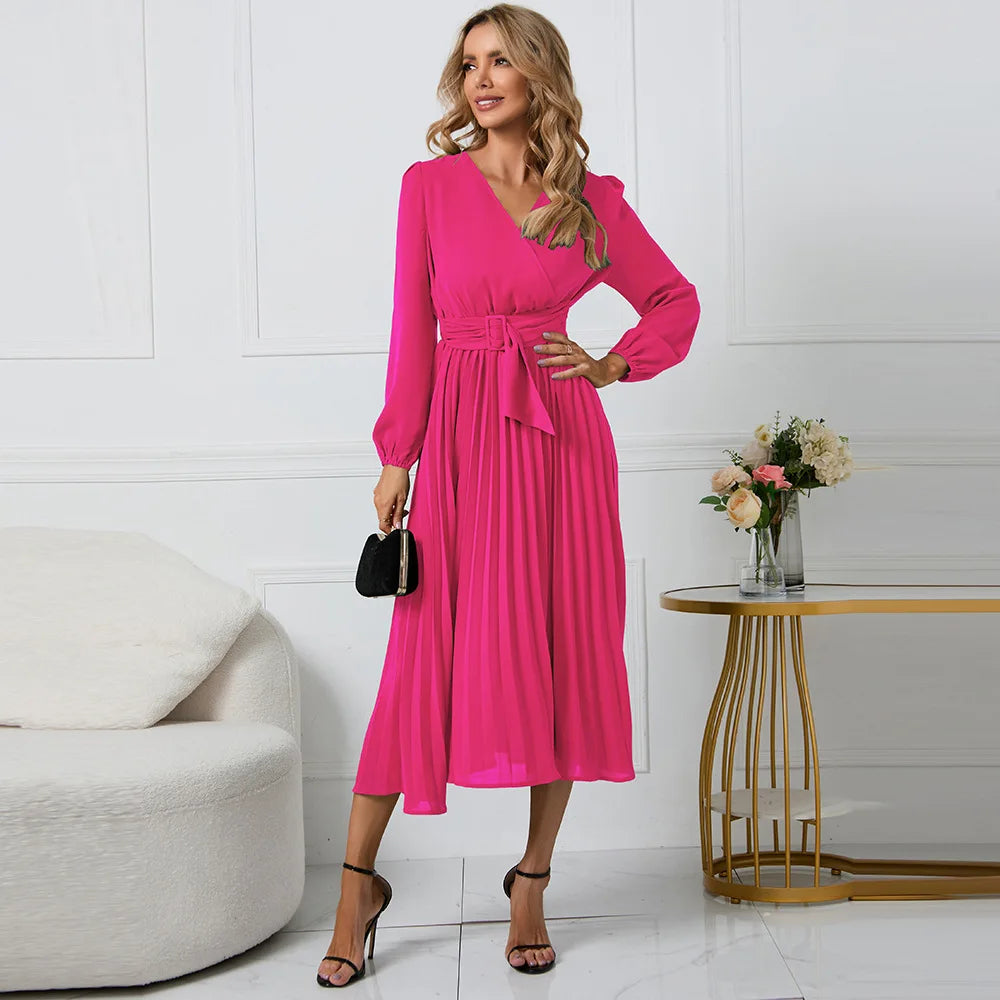 Elegant Women's Green Chiffon Autumn/Winter Long Sleeve Slim Fit Pleated Dress Fashion Women's V-neck Belt Party Dresses S-2XL