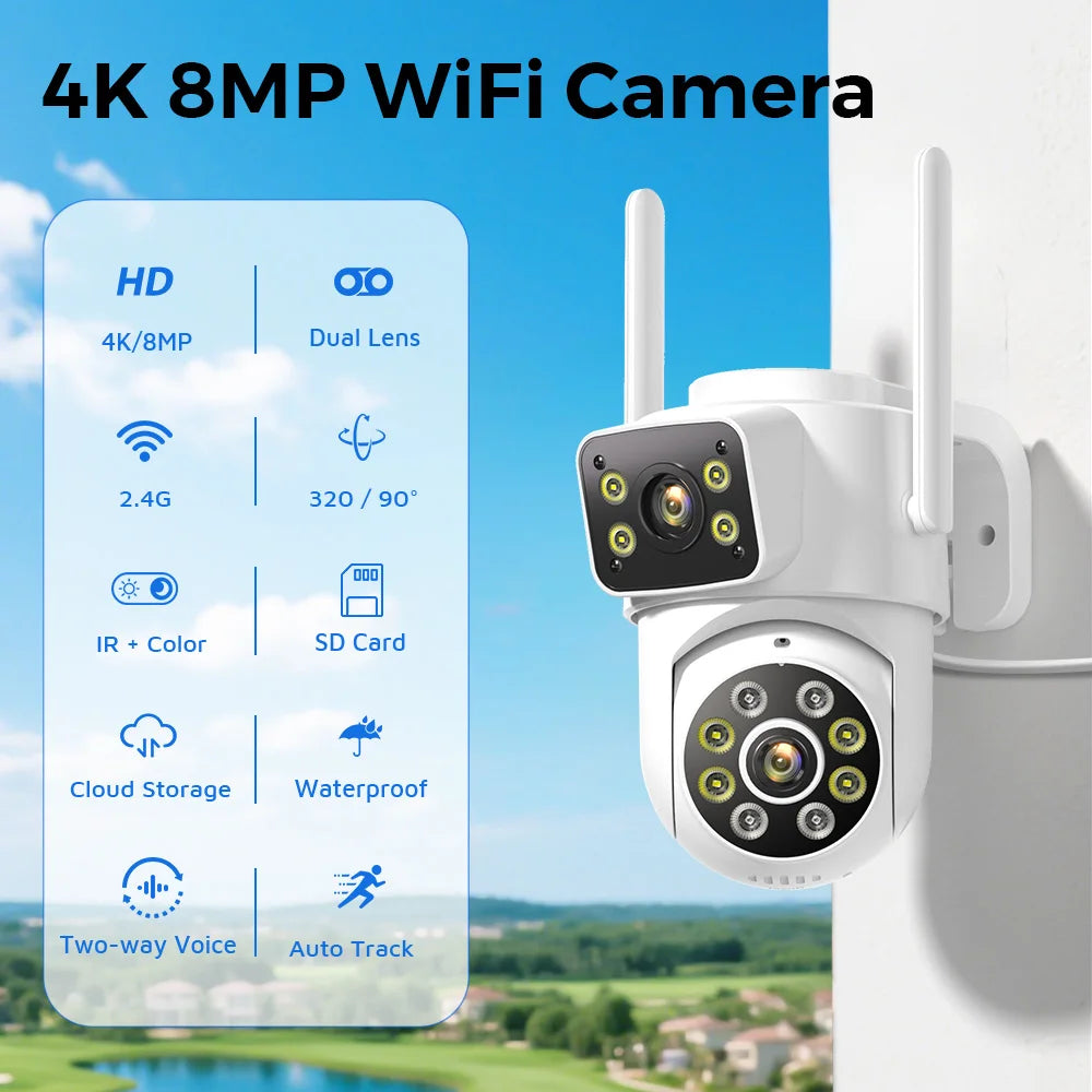 8MP 4K Outdoors Wifi Camera Dual Lens Security PTZ IP Camera 5X Digital Zoom Lens Human IP66 Waterproof Auto Detect Tracking Cam