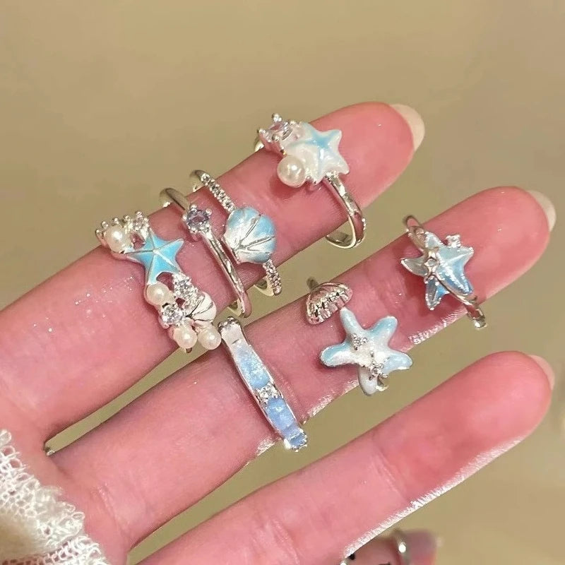 Sweet Blue Starfish Shell Rings for Women Girls Fashion Imitation Pearl Open Rings Summer Ocean Vacation Jewelry Accessories