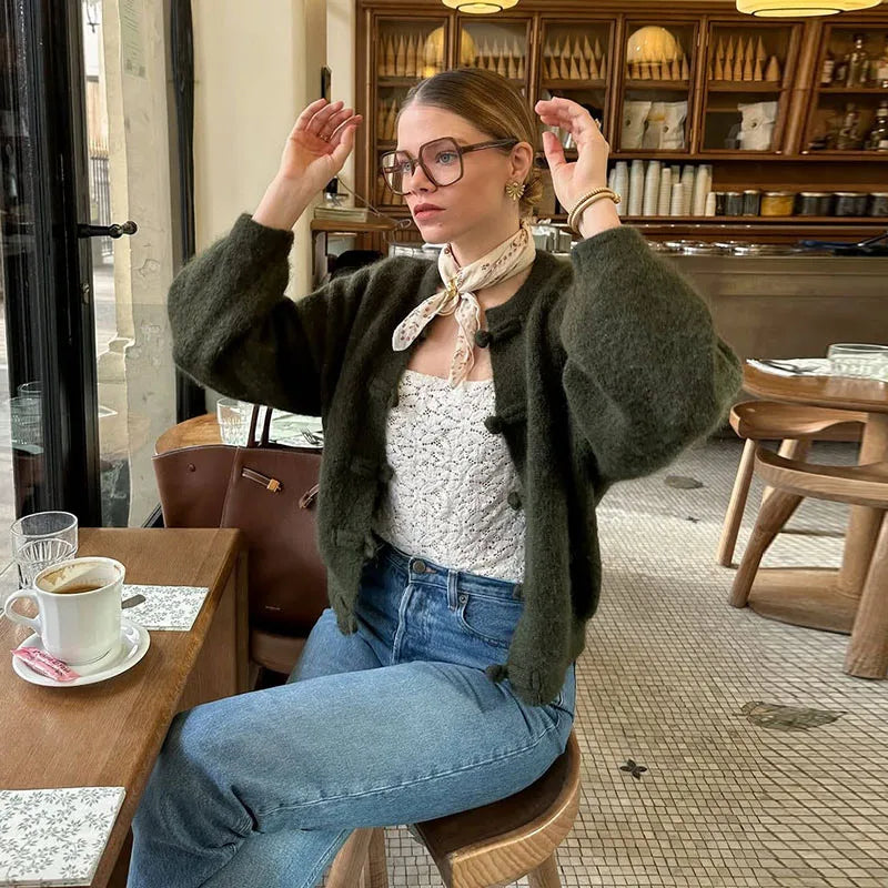 Elegant Knitted Print Women's Cardigan Loose Full Sleeve Stand Collar Zipper Sweaters Female 2026 Autumn Outwear Pockets Lady