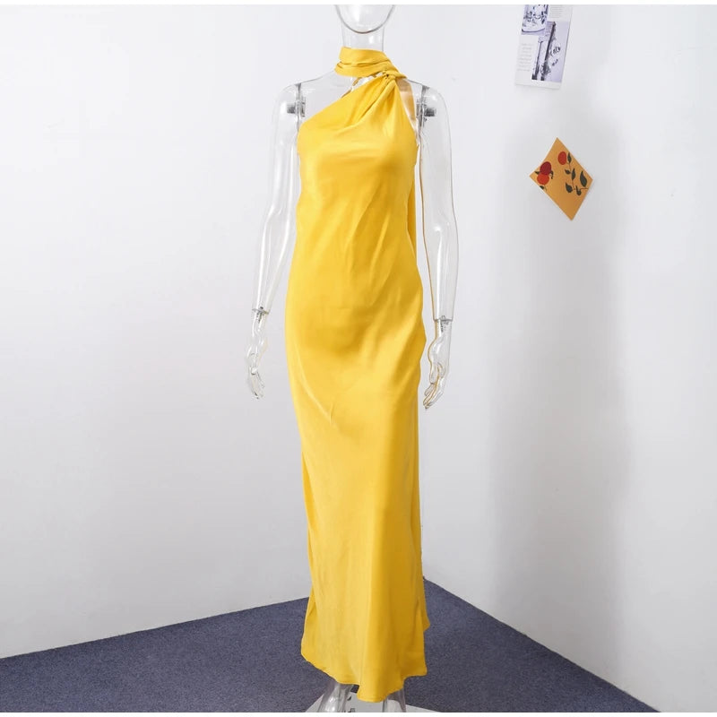 Backless Satin Long Sling Dress Women V Neck Sleeveless Slit Solid Sexy Party Dresses 2026 Summer Lady Vacation Evening Robes