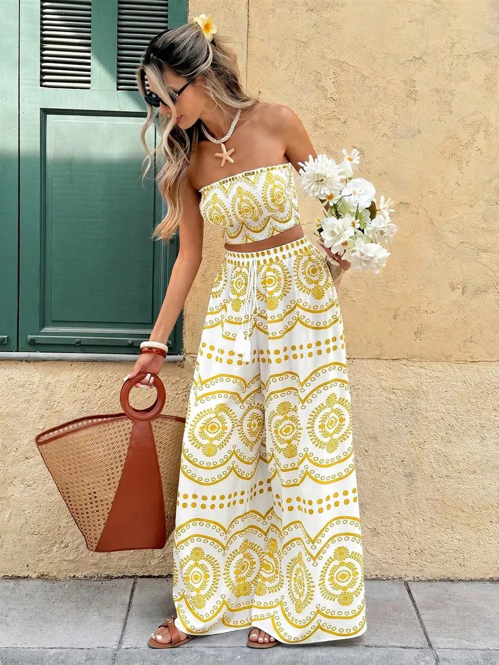 Bohemian Print Crop Top And Wide Leg Pants Two Piece Set for Women Summer Fashion Outfit Spicy Girl Casual Wear