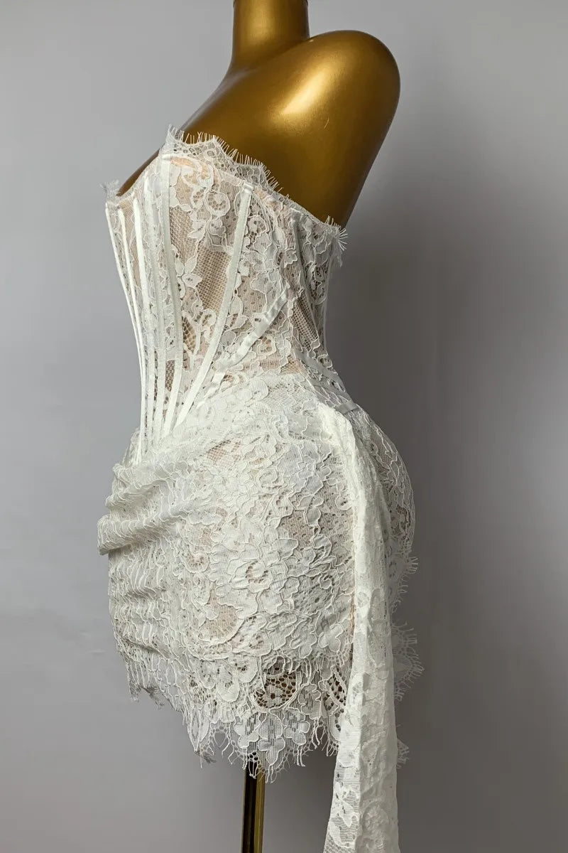 Women's Sexy Lace Dress Solid Color Sheer Patchwork High Waist Lace Dress Elegant Printed Strapless Slim Evening Dress