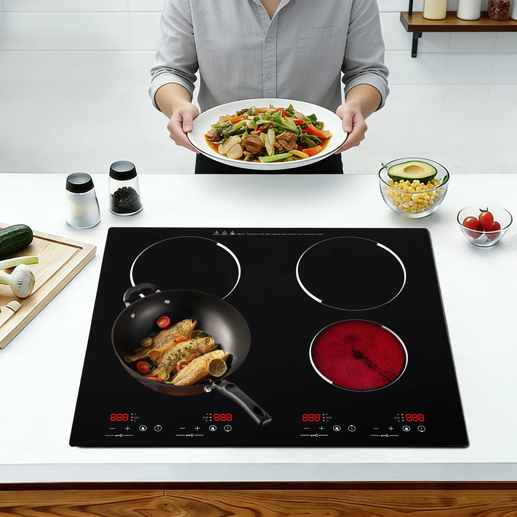 3000W Electric Ceramic Cooktop 4 Burners 110V, Infrared Radiant Stove with 9 Power Levels, Built-in Countertop Kitchen Cooker