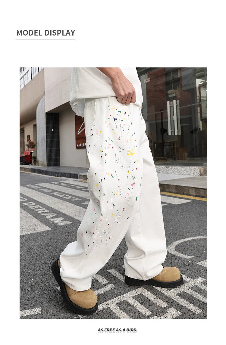 Men's Color Ink White Denim Jeans Cityboy Streetwear Fashion Hip Hop Loose Casual Wide Leg Baggy Jeans Y2k Pants