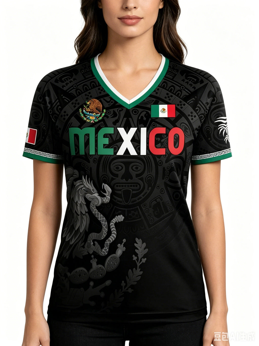 Mexico National Flag 3D Eagle Print Women's T-Shirts Casual V-neck Short Sleeve Tees Fashion Football Fan Summer Female Clothing