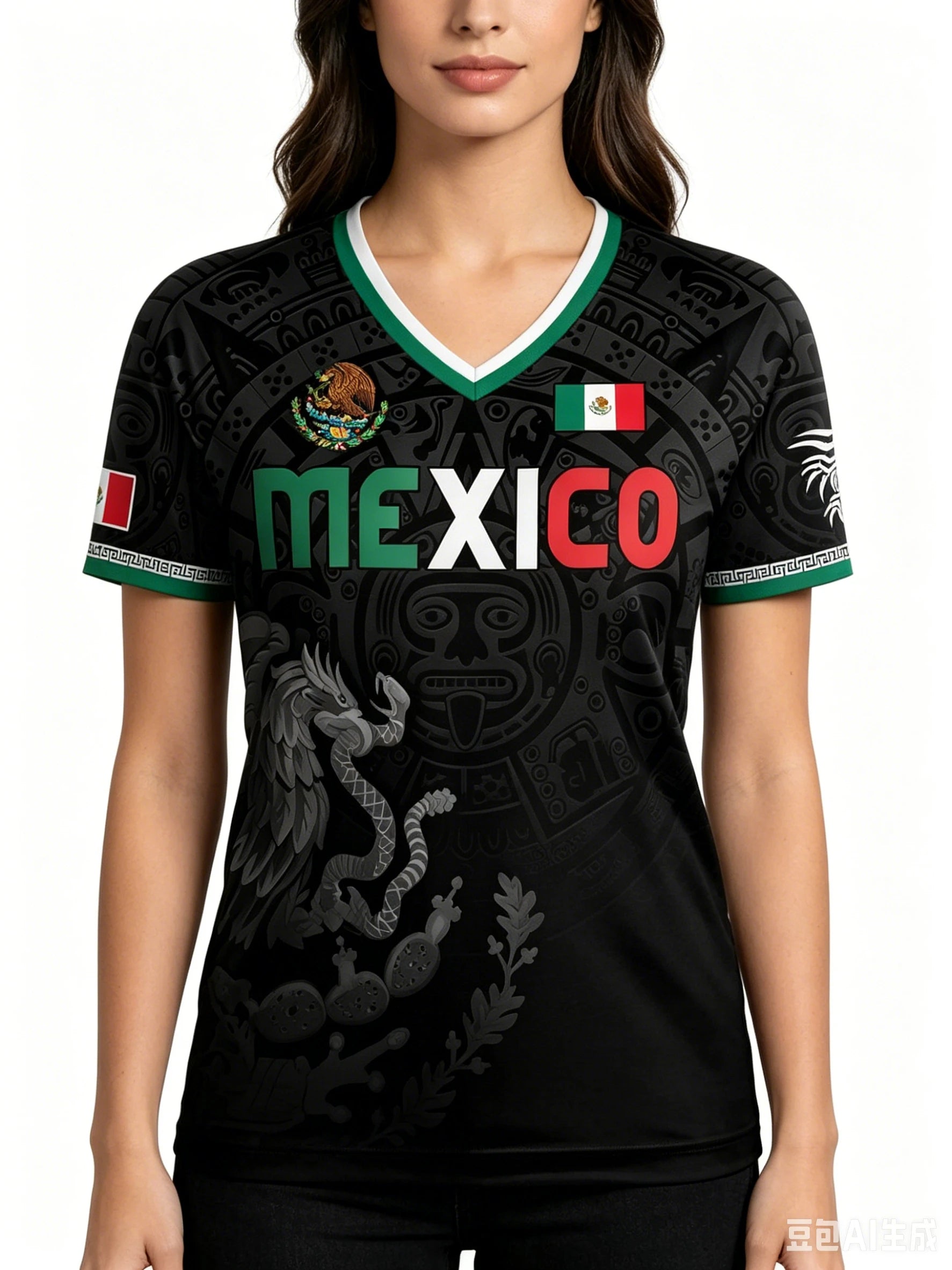 Mexico National Flag 3D Eagle Print Women's T-Shirts Casual V-neck Short Sleeve Tees Fashion Football Fan Summer Female Clothing