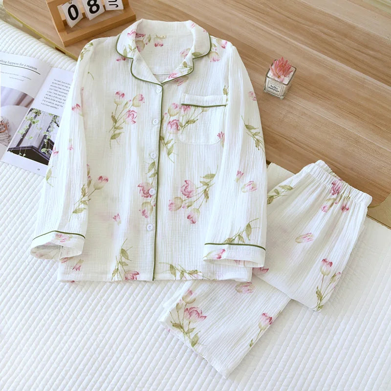 2026 Spring and Autumn Women's Pajama Set 100% Cotton Crepe Long sleeved Pants Two piece Cute and Sweet Home Fury Set Ladies