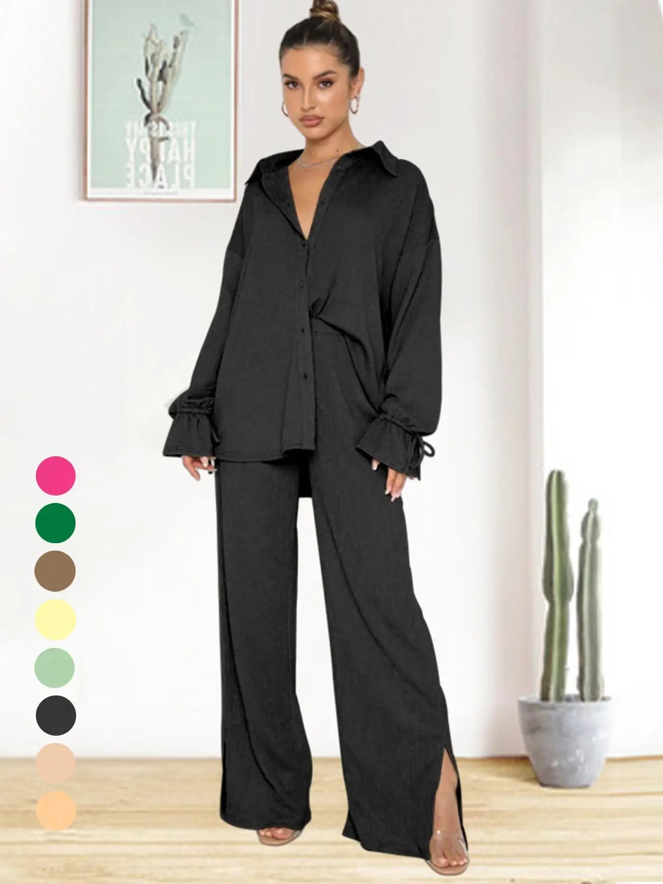 2026 SPRING SUMMER WOMEN'S SOLID COLOR TWO-PIECE SET, RUFFLE SLEEVE SHIRT MATCHED WITH SLIT PANTS, COMFY OUTFIT FOR DAILY CASUAL