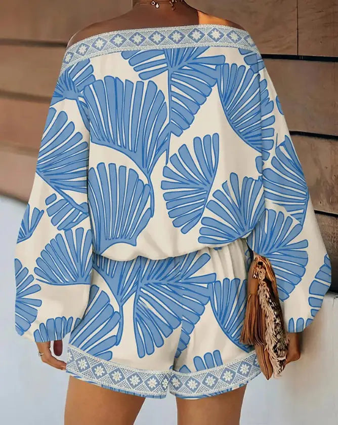 Two Piece Set Women Outfit 2026 Spring New Fashion Print Lantern Sleeve Slanted Collar Loose Top & Elastic Waist Shorts Set