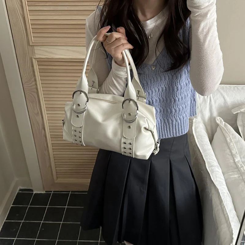 Vintage Style PU Leather Women Shoulder Bag Large Capacity High Quality Fashion Rivet Handbag Daily Use Y2K Motorcycle Bag