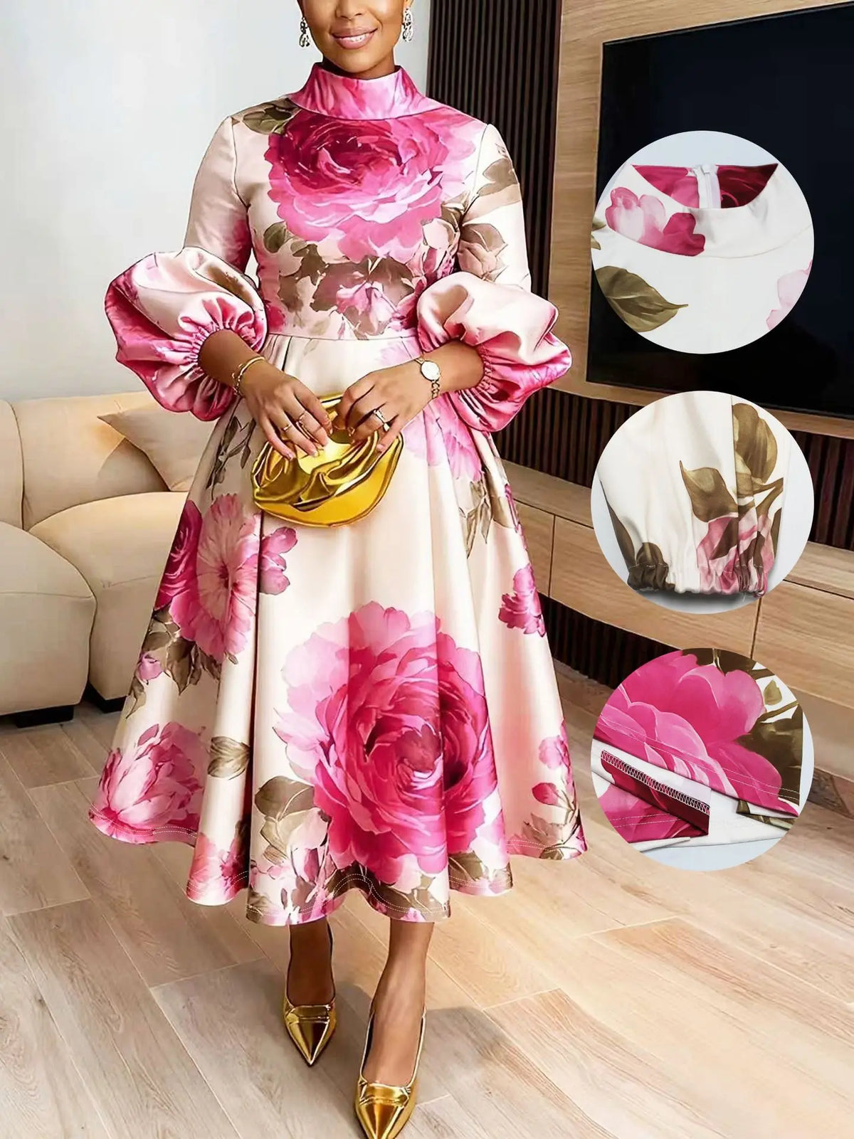 Stylish Women's Flower Printed Stand Collar Elegant Evening Maxi Dresses 2026 New Puff Sleeves Loose Pleated Party A-Line Dress