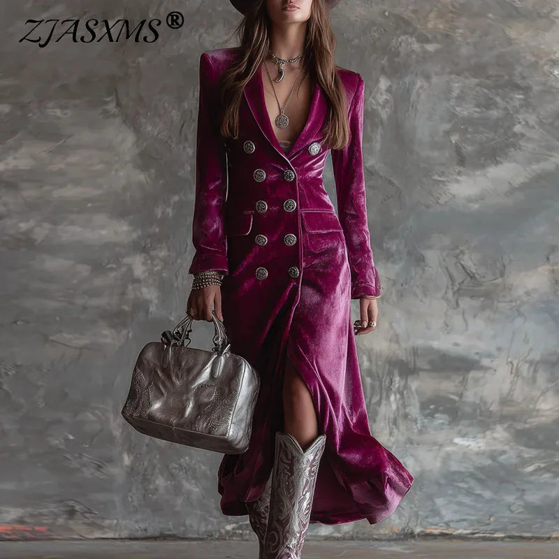 Fall Winter Double Breasted Velvet Cardigan Dress Woman Elegant Lapel Hollow Split Long Dress Vintage Long Sleeve Office Dresses