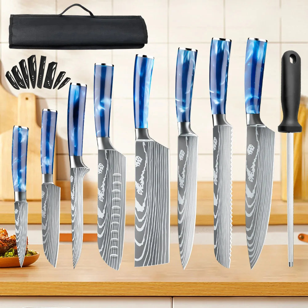 8PCS Utility Kitchen Knifes Resin Handle Carbon Steel Chef Knives Meat Cleaver Fruit Vegetable Slicing  Knife Cooking Tool