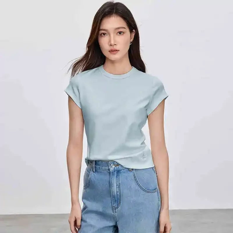 SENTUBILA Solid Color Women's T-shirt 2025 Spring Summer Fashion Embroidery Knit Basic Crewneck Short Sleeve Tops 152T59063