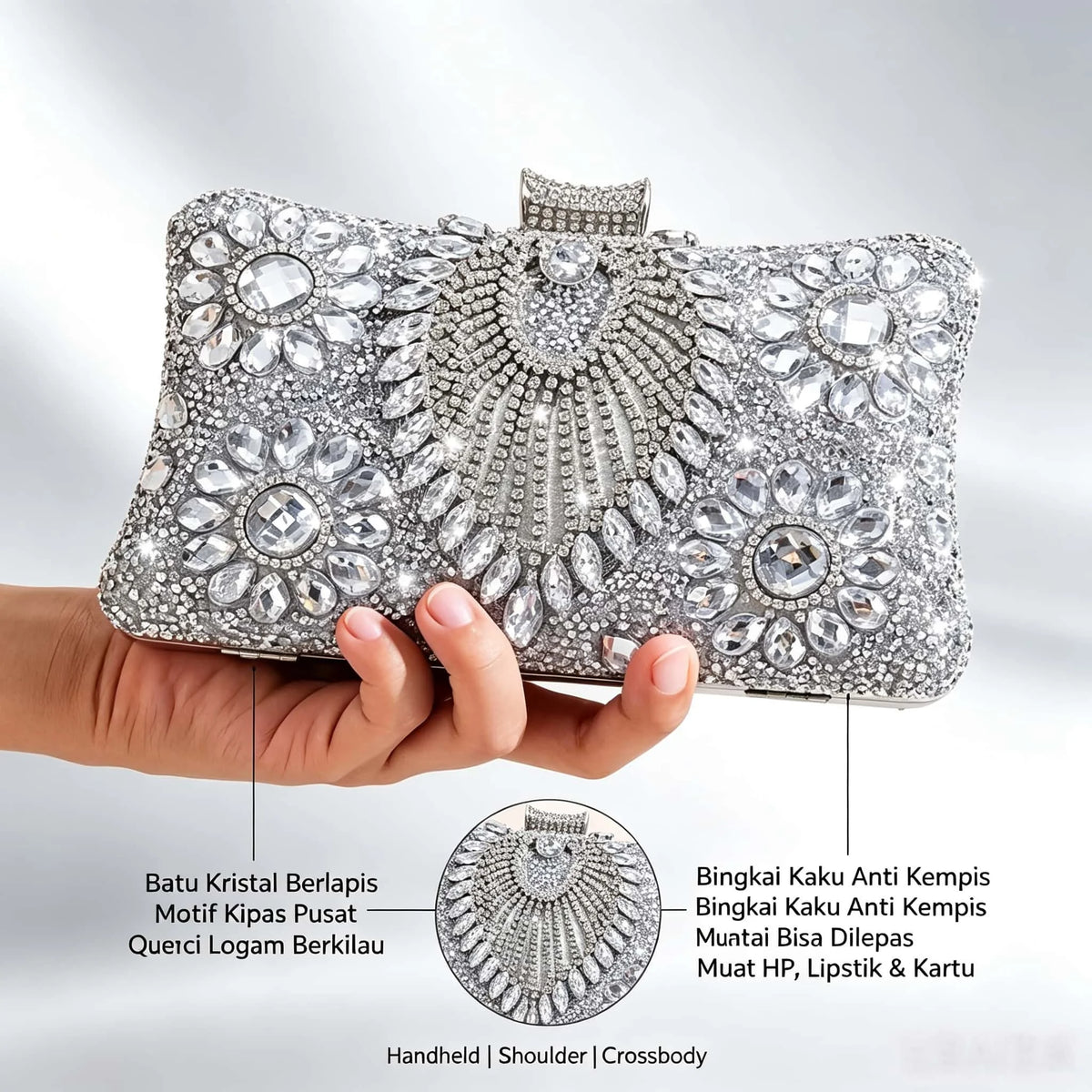 Peacock Full Diamond Silver Evening Clutch Bag with Detachable Chain, Shiny Dress Bag for Wedding Party