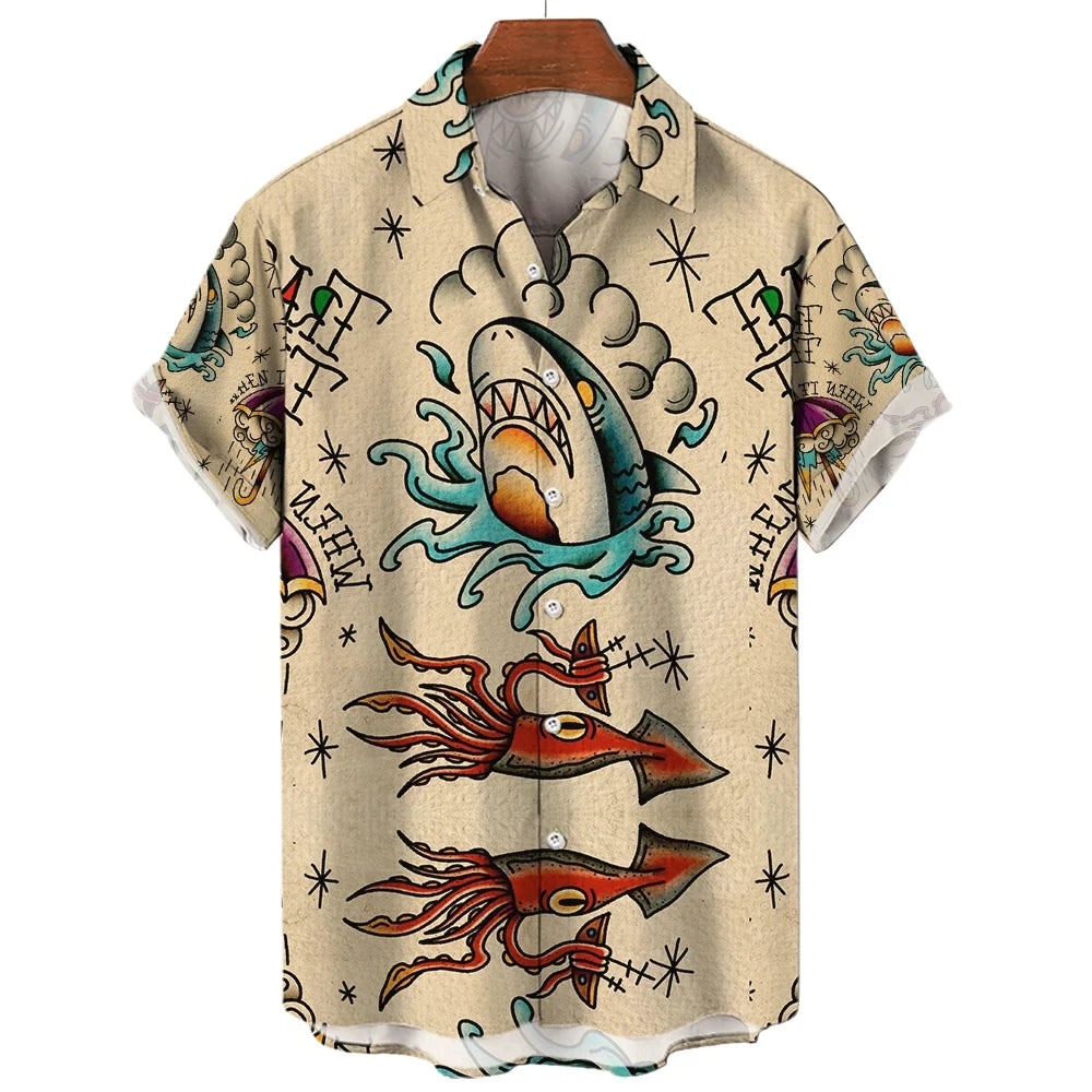 3D retro digital printed men's lapel short sleeved shirt