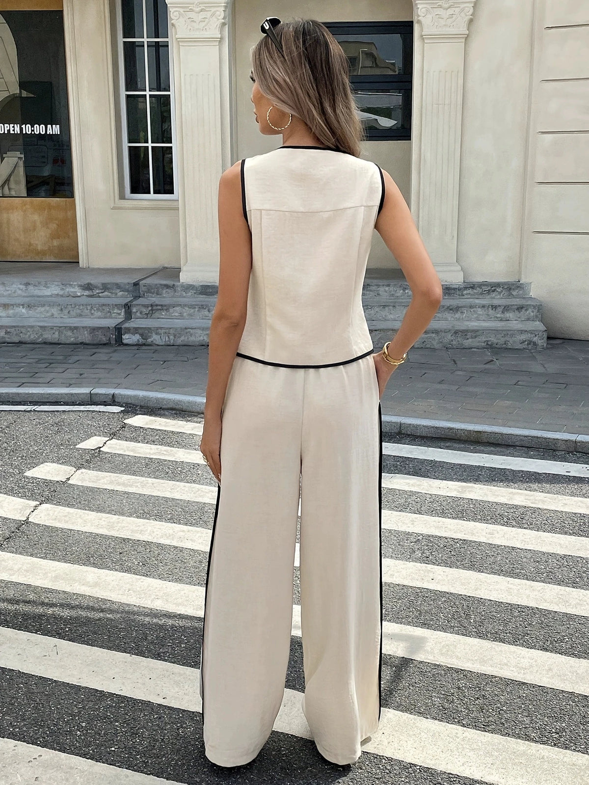 2026 New women Vest Top + Pant Suit Summer Women Contrast Color Sleeveless Single Breasted Vest + Drawstring Pants Two Peice Set