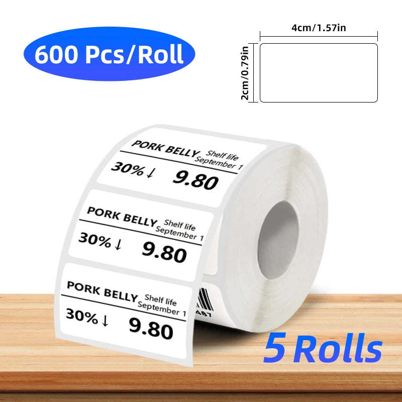 5 Rolls of Thermal Label Paper, Coreless White Self-Adhesive Waterproof Stickers, Suitable for Portable Handheld Printers - for Barcodes, Addresses, Shipping, Corporate Offices, Commercial and Home Labels 30*20mm 30*30 40*20