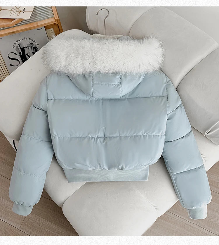 Women's Short Thickened Winter Cotton Jacket Quilted Coat Fur Collar American Retro Style Warm Casual Fashion Regular Fit