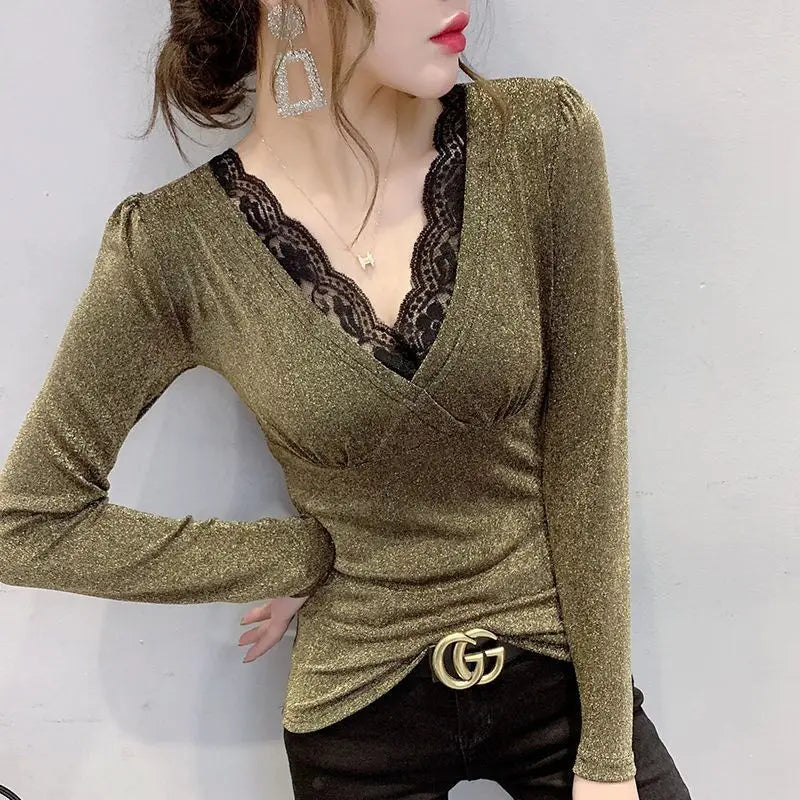 Slim Sexy Lace Spliced V-Neck Tops for Female Spring Autumn New Fashion Casual Long Sleeve Bright Silk T-shirt Women's Clothing