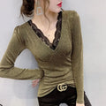 Slim Sexy Lace Spliced V-Neck Tops for Female Spring Autumn New Fashion Casual Long Sleeve Bright Silk T-shirt Women's Clothing