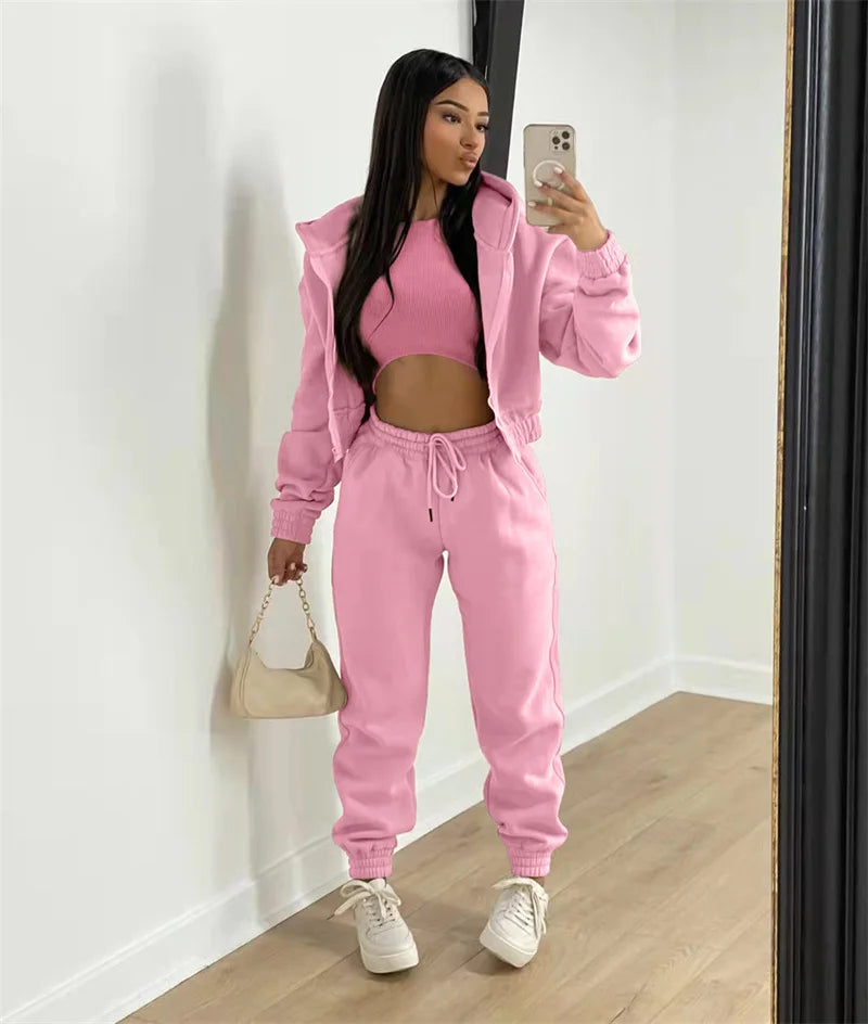 Active Wear 3 Piece Sets Womens Outfits Tracksuit Hooded Jacket Top + Vest + Sweatpants Sporty Suit Fitness Casual Matching Sets